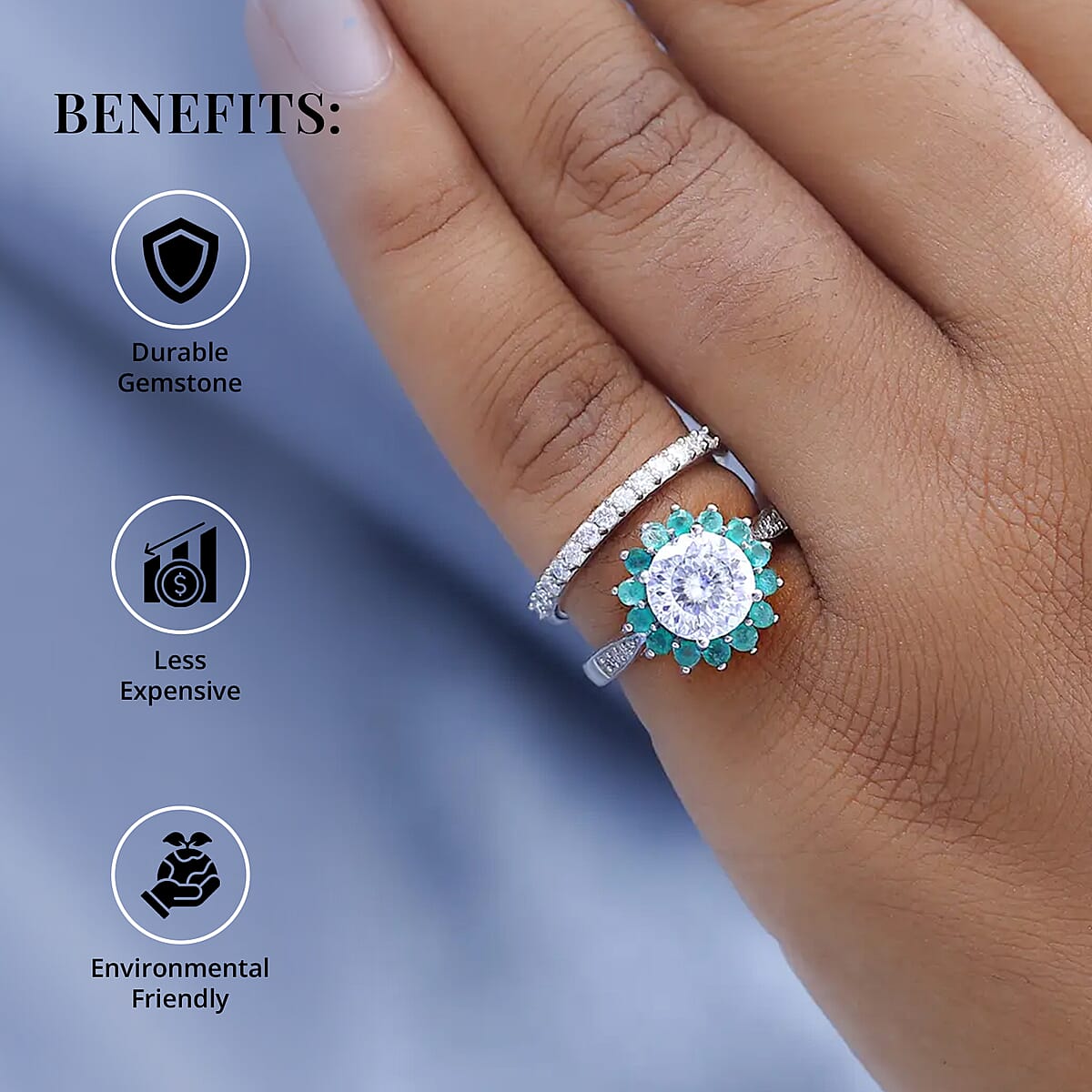 120 Facets Moissanite and Kagem Zambian Emerald 2.75 ctw Set of 2 Stackable Ring in Platinum Over Sterling Silver (Size 5.0) image number 3