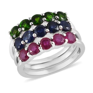 Chrome Diopside, Masoala Sapphire (FF) and Niassa Ruby (FF) Set of 3 Ring in Platinum Over Sterling Silver (Size 5.0) 3.65 ctw