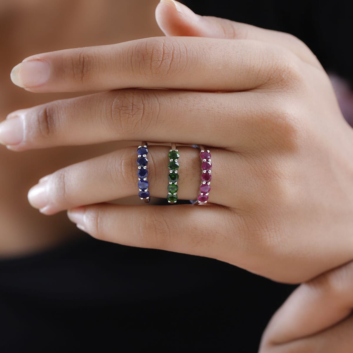 Chrome Diopside, Masoala Sapphire (FF) and Niassa Ruby (FF) Set of 3 Ring in Platinum Over Sterling Silver (Size 5.0) 3.65 ctw image number 2