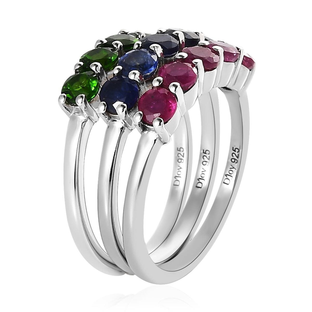 Chrome Diopside, Masoala Sapphire (FF) and Niassa Ruby (FF) Set of 3 Ring in Platinum Over Sterling Silver (Size 5.0) 3.65 ctw image number 4