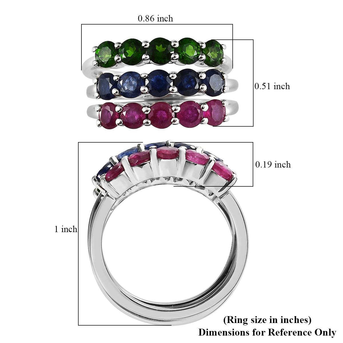 Chrome Diopside, Masoala Sapphire (FF) and Niassa Ruby (FF) Set of 3 Ring in Platinum Over Sterling Silver (Size 5.0) 3.65 ctw image number 6
