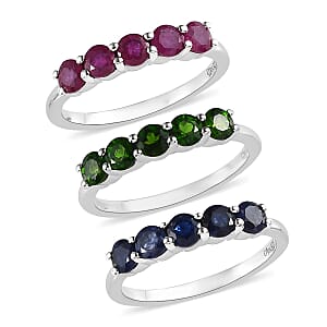 Chrome Diopside, Masoala Sapphire (FF) and Niassa Ruby (FF) Set of 3 Ring in Platinum Over Sterling Silver (Size 6.0) 3.65 ctw