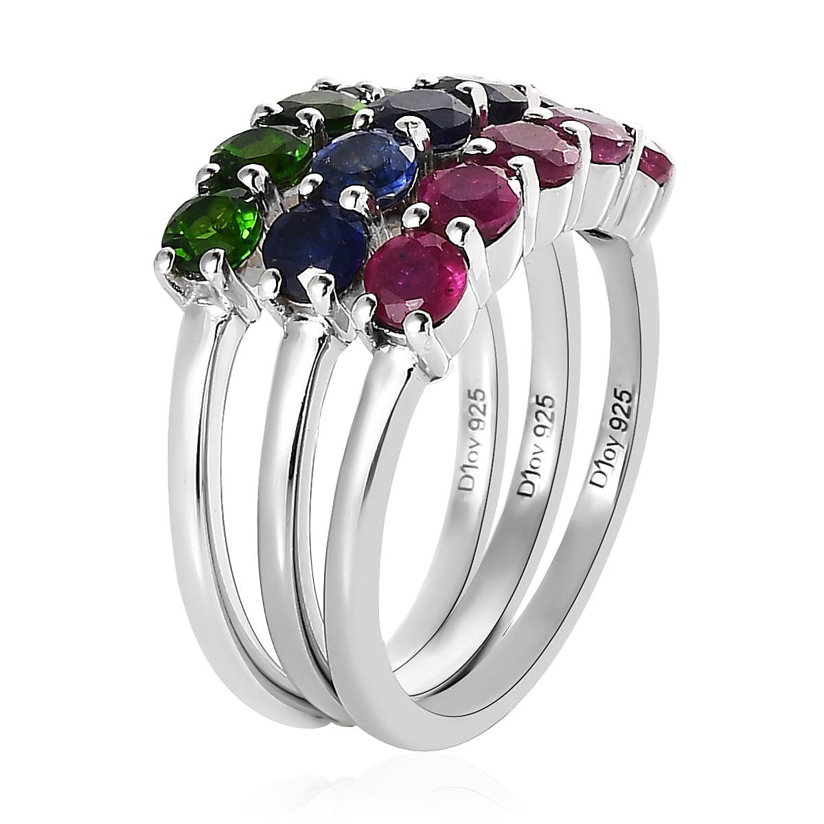 Chrome Diopside, Masoala Sapphire (FF) and Niassa Ruby (FF) Set of 3 Ring in Platinum Over Sterling Silver (Size 6.0) 3.65 ctw image number 4
