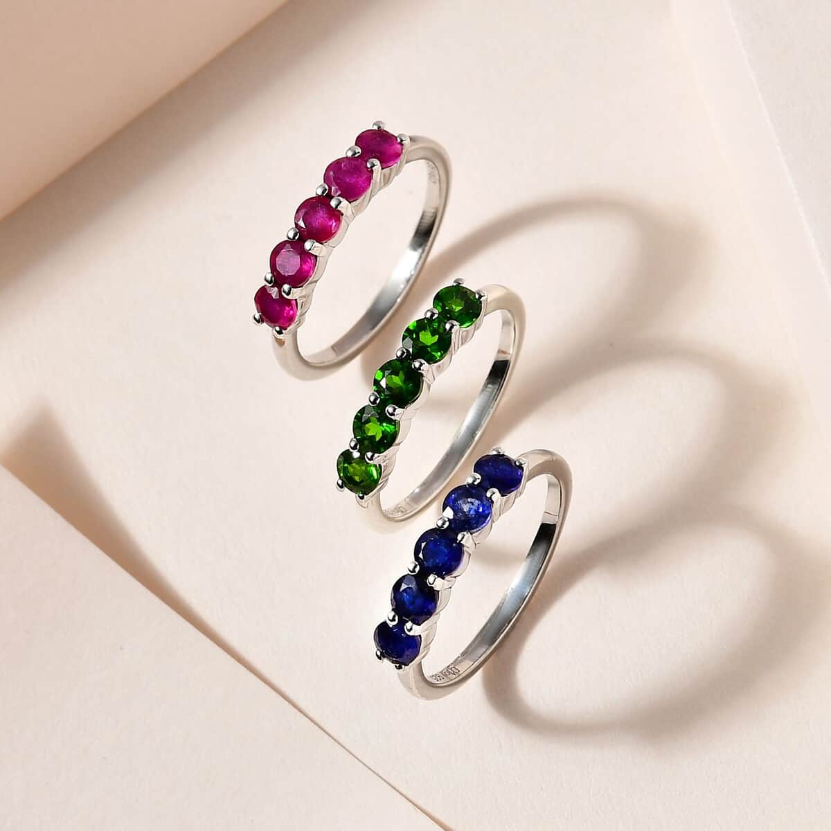 TLV Chrome Diopside, Masoala Sapphire (FF), Niassa Ruby (FF) Set of 3 Ring in Platinum Over Sterling Silver (Size 7.0) 3.65 Carat Total Weight image number 1