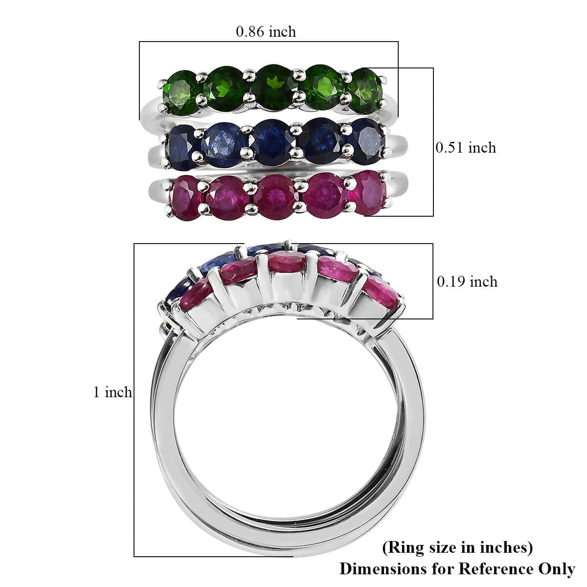 TLV Chrome Diopside, Masoala Sapphire (FF), Niassa Ruby (FF) Set of 3 Ring in Platinum Over Sterling Silver (Size 7.0) 3.65 Carat Total Weight image number 4