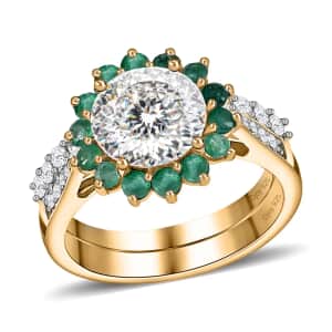120 Facets Moissanite and Kagem Zambian Emerald Set of 2 Stackable Ring in Vermeil Yellow Gold Over Sterling Silver (Size 10.0) 2.75 ctw