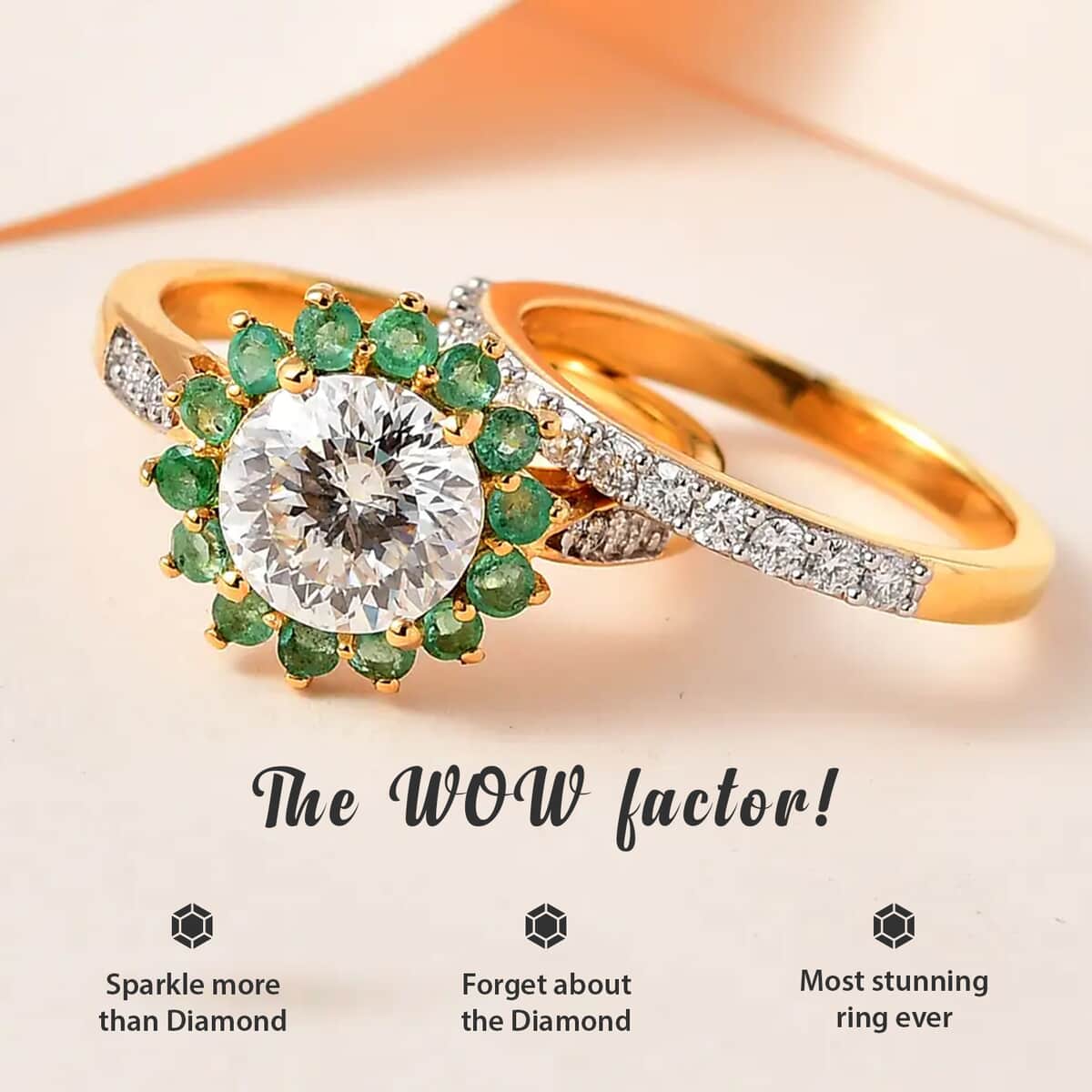 120 Facets Moissanite and Kagem Zambian Emerald Set of 2 Stackable Ring in Vermeil Yellow Gold Over Sterling Silver (Size 10.0) 2.75 ctw image number 1