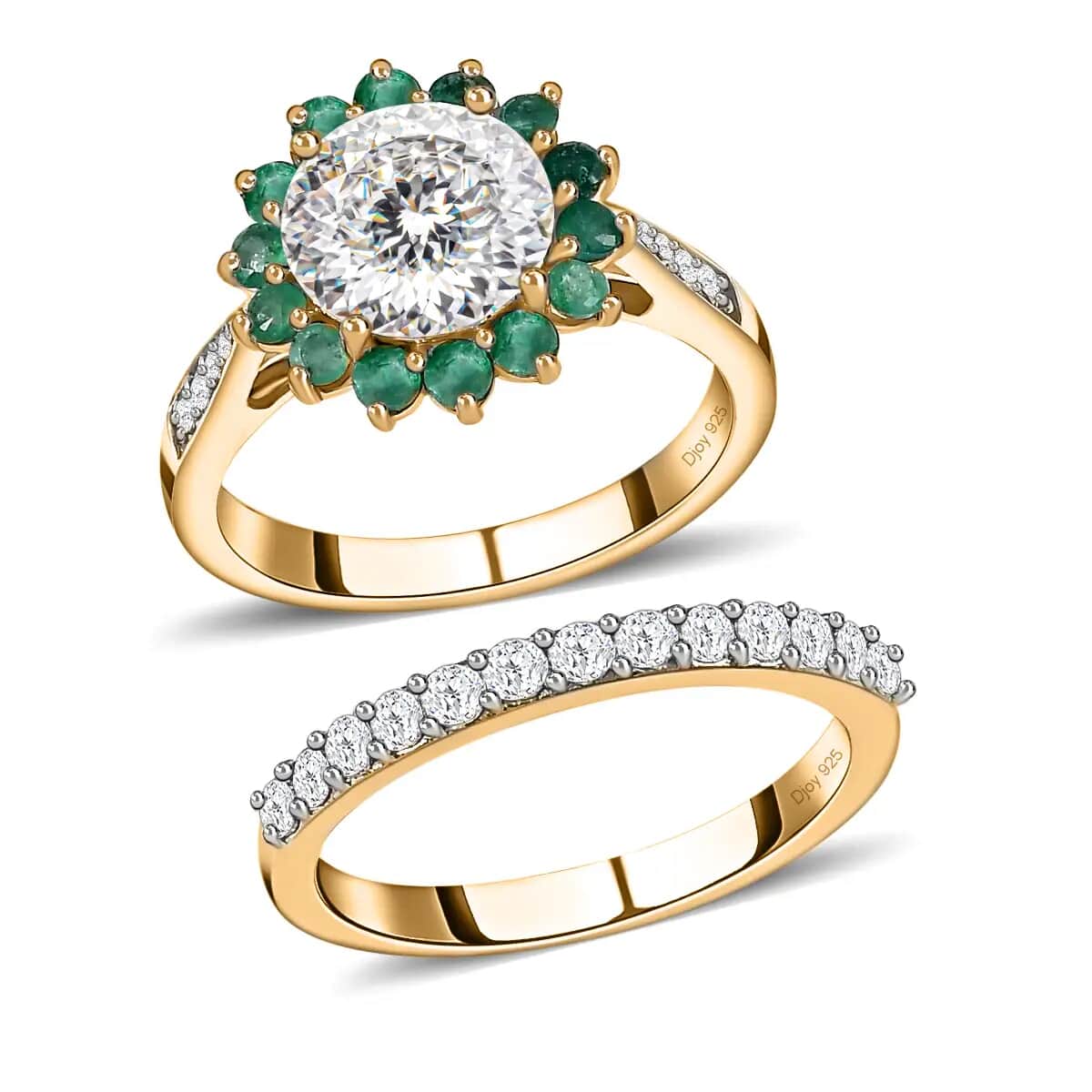 120 Facets Moissanite and Kagem Zambian Emerald Set of 2 Stackable Ring in Vermeil Yellow Gold Over Sterling Silver (Size 10.0) 2.75 ctw image number 4