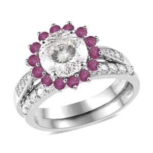120 Facets Moissanite and Niassa Ruby (FF) Set of 2 Stackable Ring in Platinum Over Sterling Silver (Size 10.0) 3.00 ctw