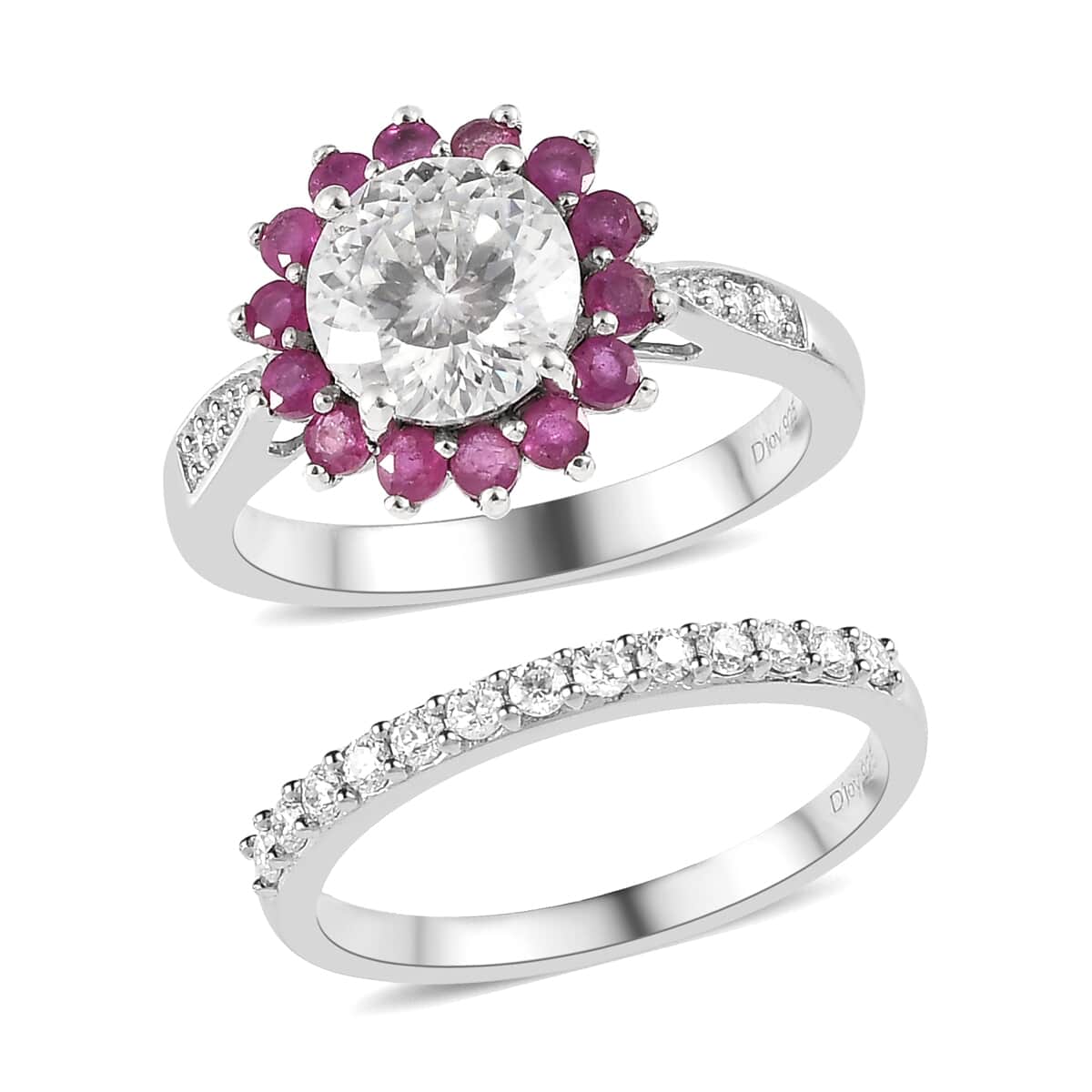 TLV 120 Facets Moissanite (Rnd 8mm), Niassa Ruby (FF) Set of 2 Ring in Platinum Over Sterling Silver (Size 7.0) 3.10 ctw image number 3