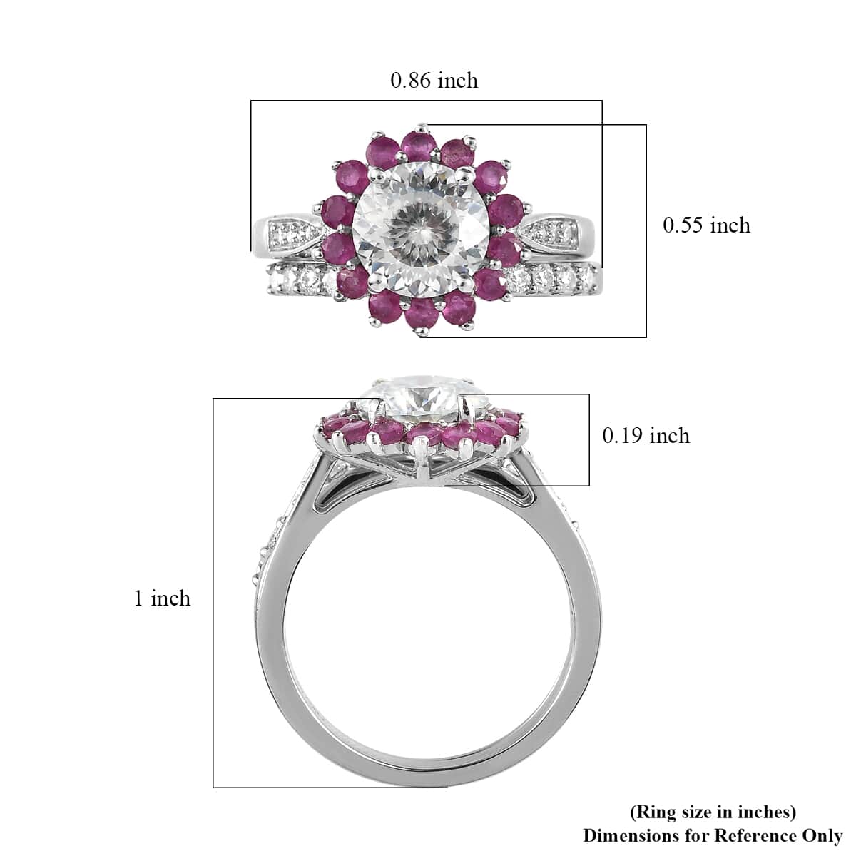 TLV 120 Facets Moissanite (Rnd 8mm), Niassa Ruby (FF) Set of 2 Ring in Platinum Over Sterling Silver (Size 7.0) 3.10 ctw image number 6