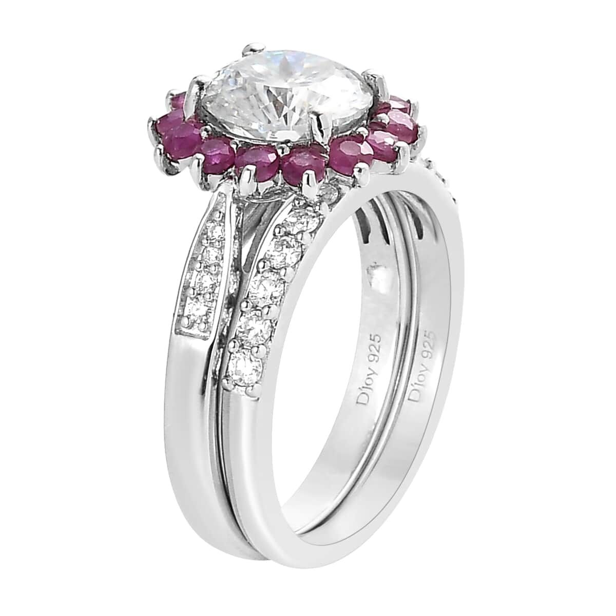 120 Facets Moissanite and Niassa Ruby (FF) Set of 2 Stackable Ring in Platinum Over Sterling Silver (Size 5.0) 3.00 ctw image number 4