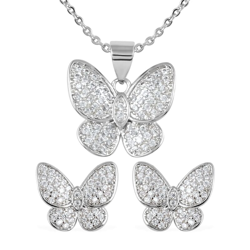 Austrian Crystal Butterfly Necklace 18 inches and Earrings in Silvertone 0.90 ctw