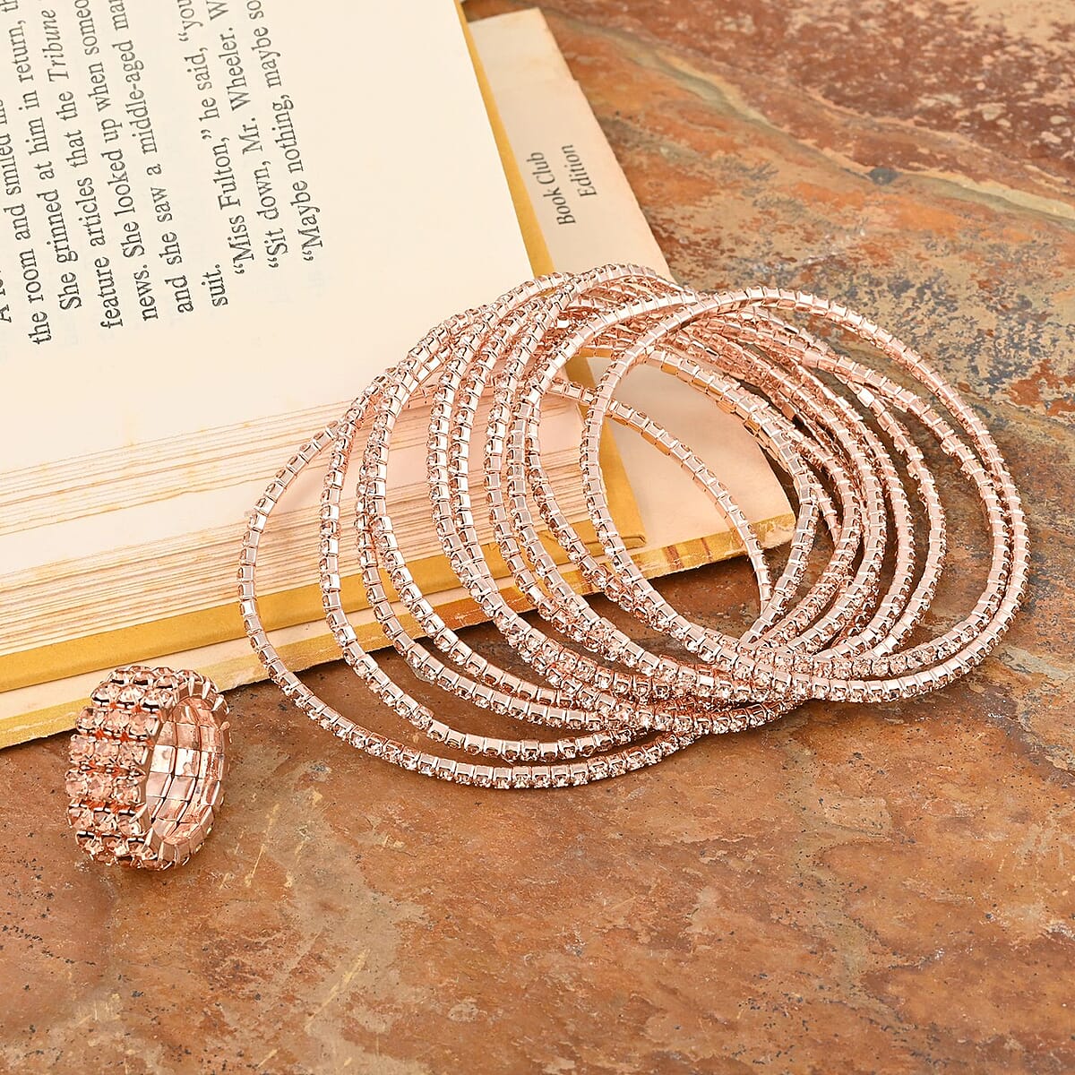 Austrian Crystal Set of 10 Bracelet (7.00 In) and Ring (Size 7) in Rosetone image number 1
