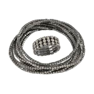 Champagne Austrian Crystal Set of 10 Bracelet (7.00 In) and Ring (Size 7) in Black Oxidized Silvertone
