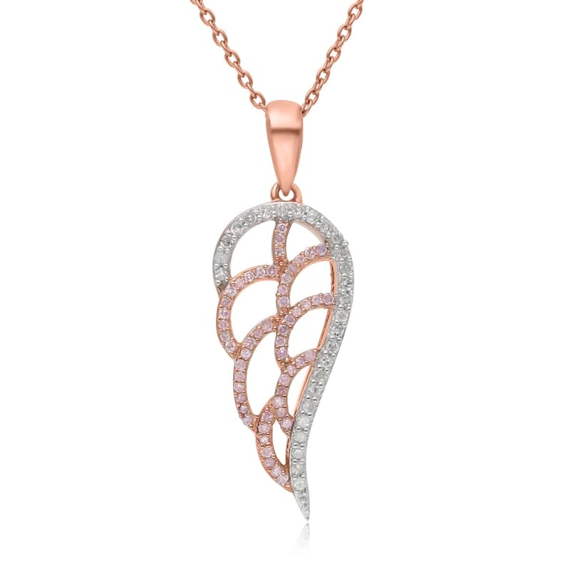 Natural Pink and White Diamond I3 Angel Wing Pendant Necklace 18 Inches in Vermeil Rose Gold Over Sterling Silver 0.25 ctw