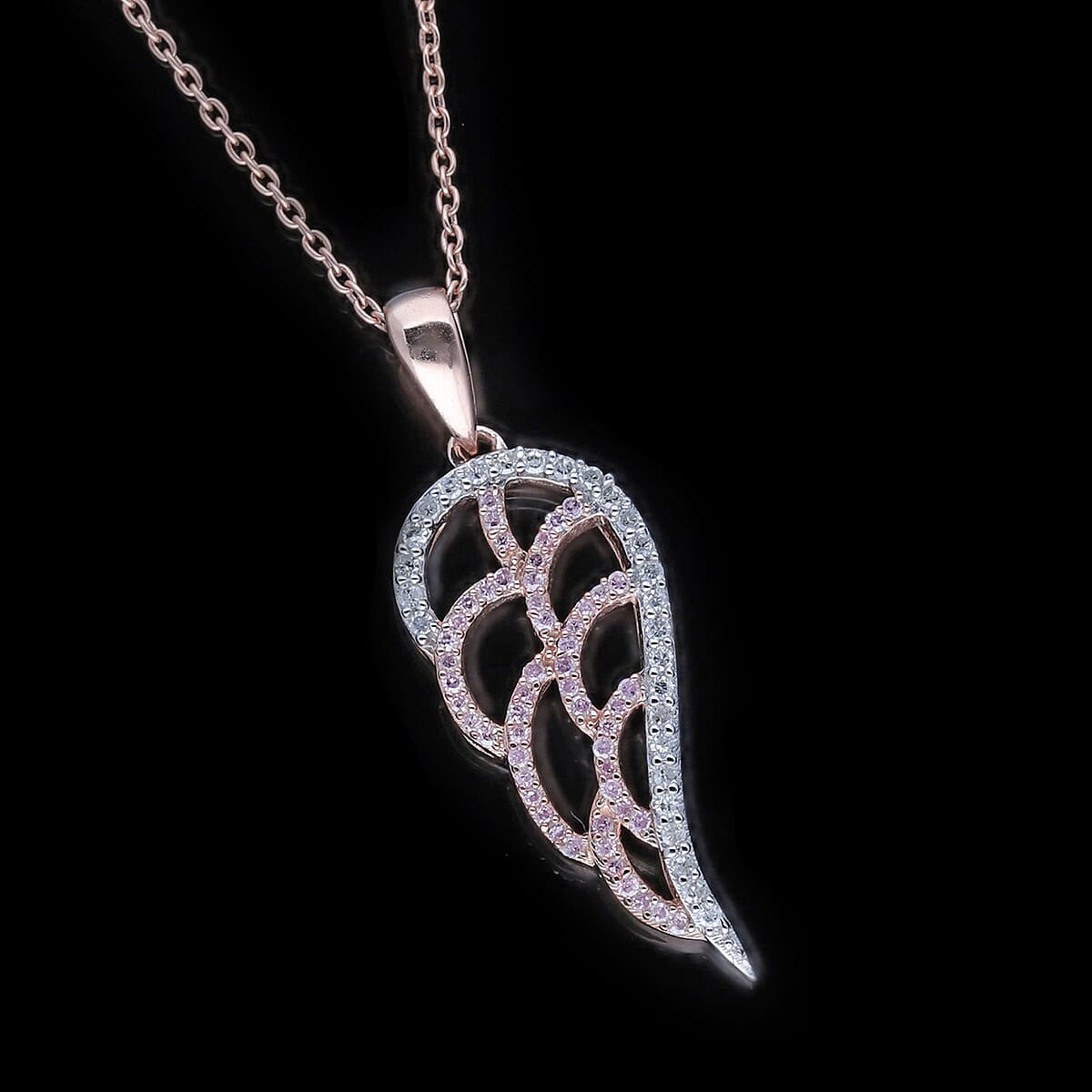 Natural Pink and White Diamond I3 Angel Wing Pendant Necklace 18 Inches in Vermeil Rose Gold Over Sterling Silver 0.25 ctw image number 1