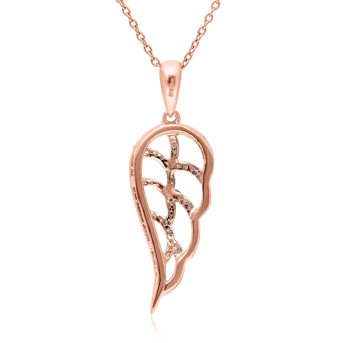 Natural Pink and White Diamond I3 Angel Wing Pendant Necklace 18 Inches in Vermeil Rose Gold Over Sterling Silver 0.25 ctw