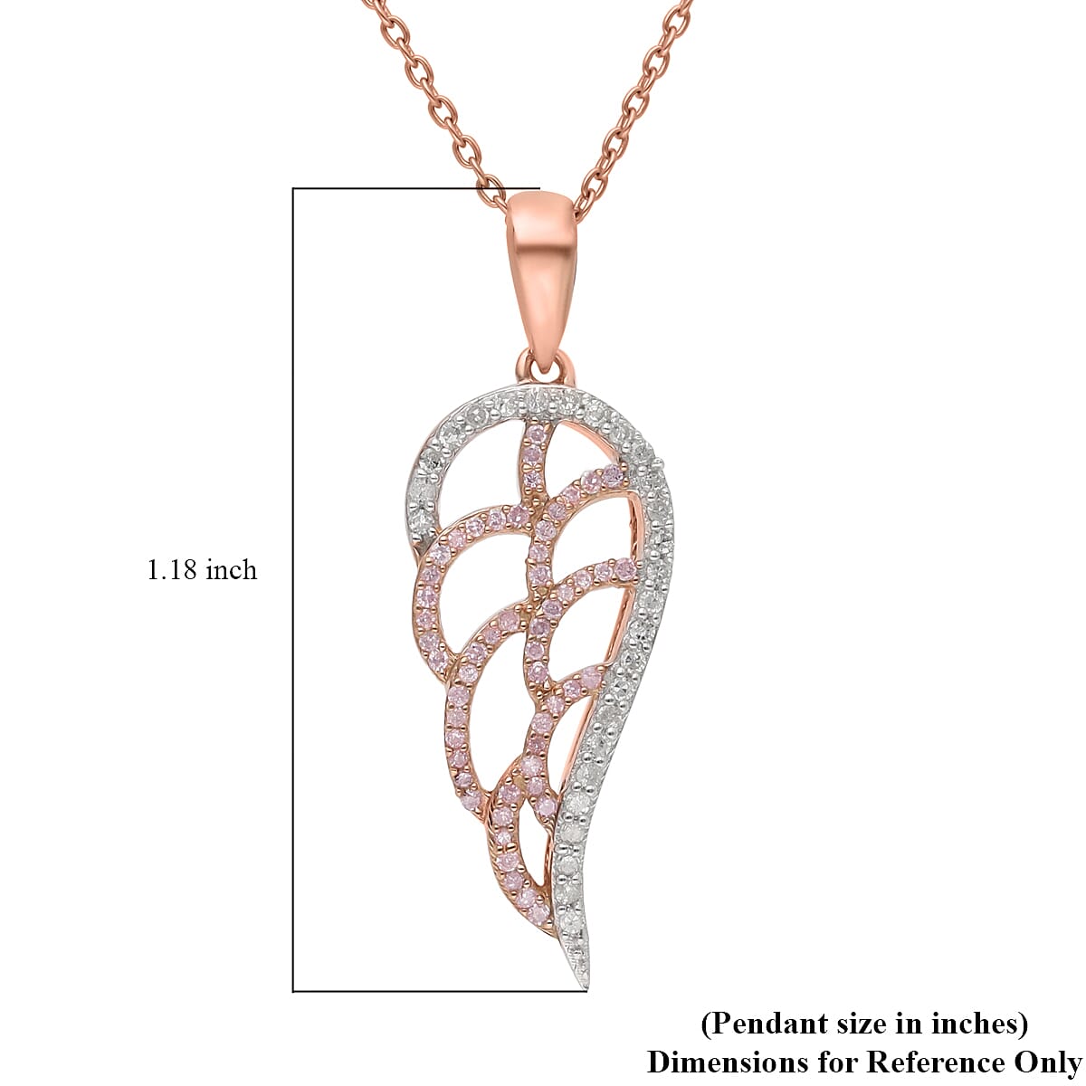 Natural Pink and White Diamond I3 Angel Wing Pendant Necklace 18 Inches in Vermeil Rose Gold Over Sterling Silver 0.25 ctw