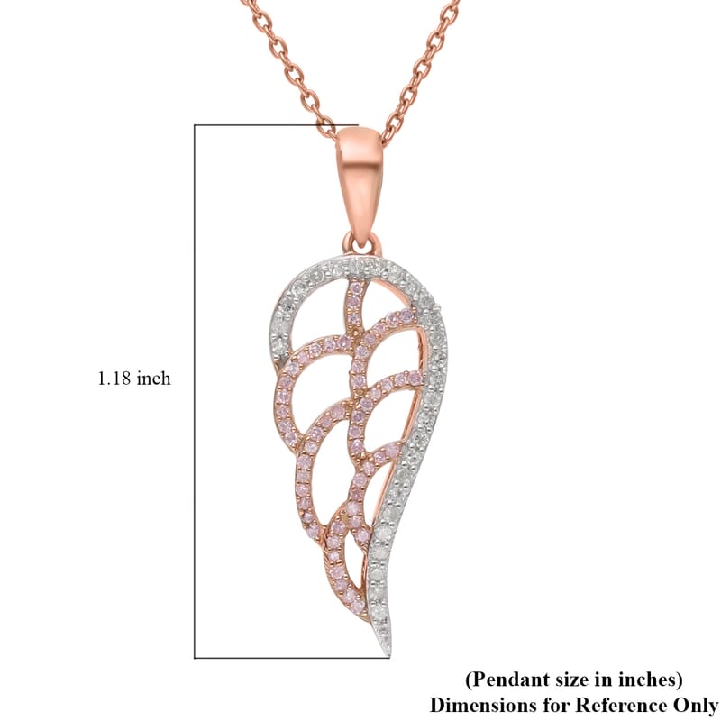 Natural Pink and White Diamond I3 Angel Wing Pendant Necklace 18 Inches in Vermeil Rose Gold Over Sterling Silver 0.25 ctw