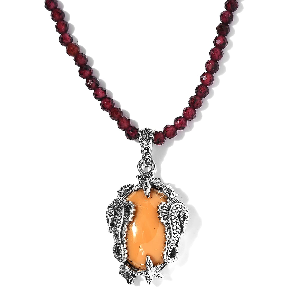 Artisan Crafted Oregon Caramel Opal Pendant with Mozambique Garnet Beaded Necklace 20 Inches in Platinum Over Sterling Silver 108.00 ctw image number 0
