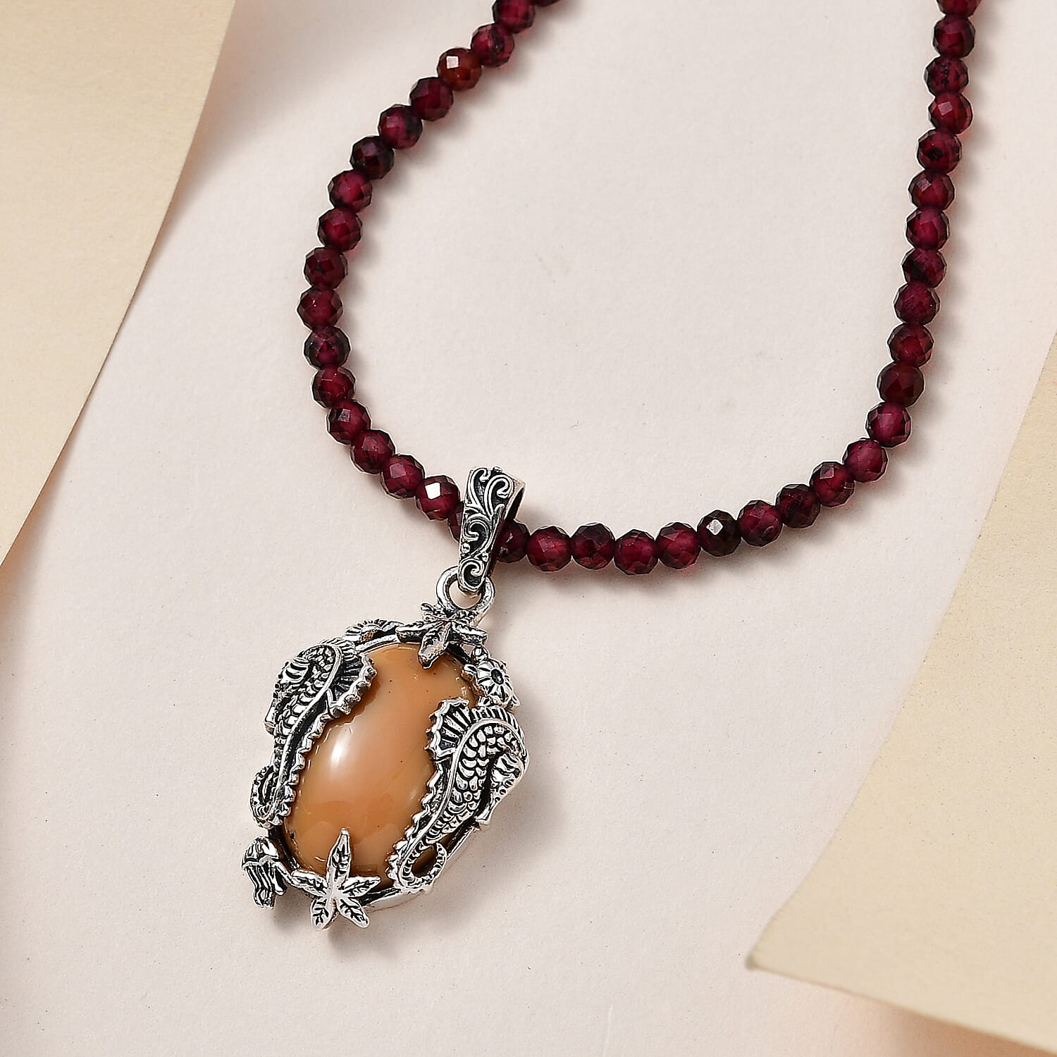 Artisan Crafted Oregon Caramel Opal Pendant with Mozambique Garnet Beaded Necklace 20 Inches in Platinum Over Sterling Silver 108.00 ctw