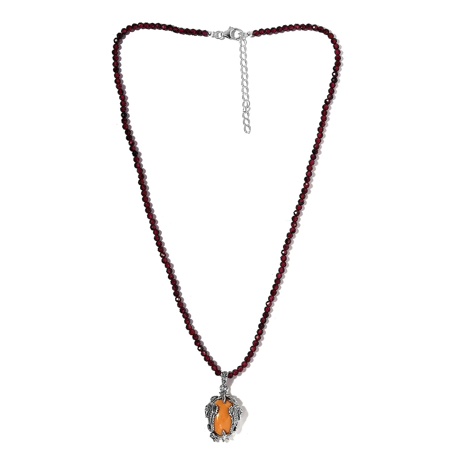 Artisan Crafted Oregon Caramel Opal Pendant with Mozambique Garnet Beaded Necklace 20 Inches in Platinum Over Sterling Silver 108.00 ctw