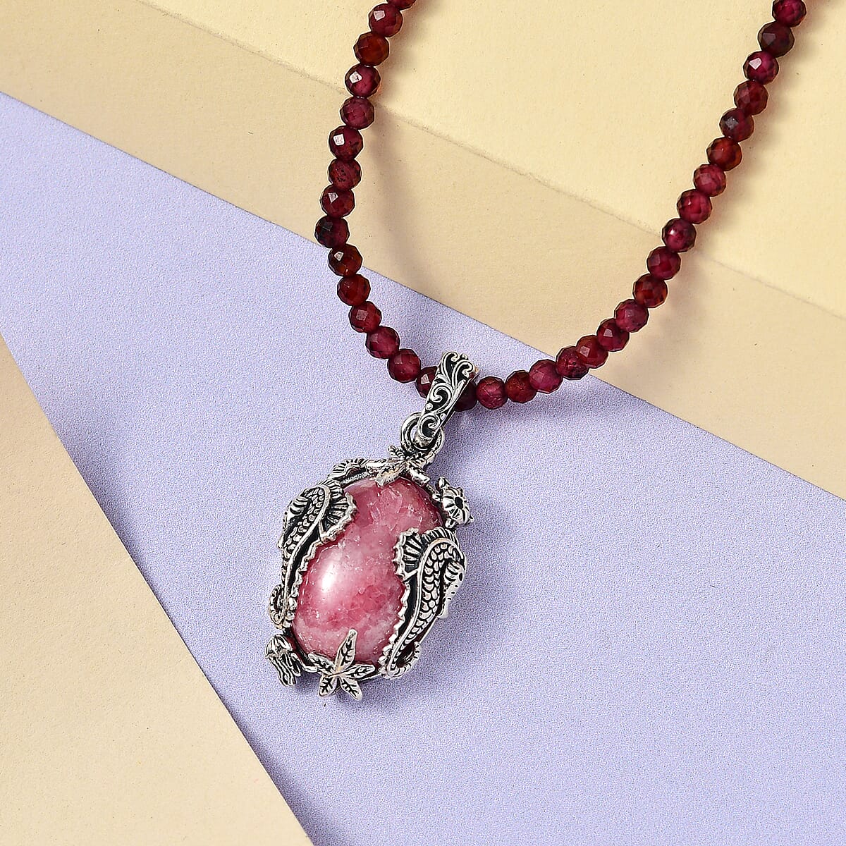 Artisan Crafted Argentinian Rhodochrosite Pendant with Rhodolite Garnet Beaded Necklace 20 Inches in Sterling Silver 132.85 ctw image number 1