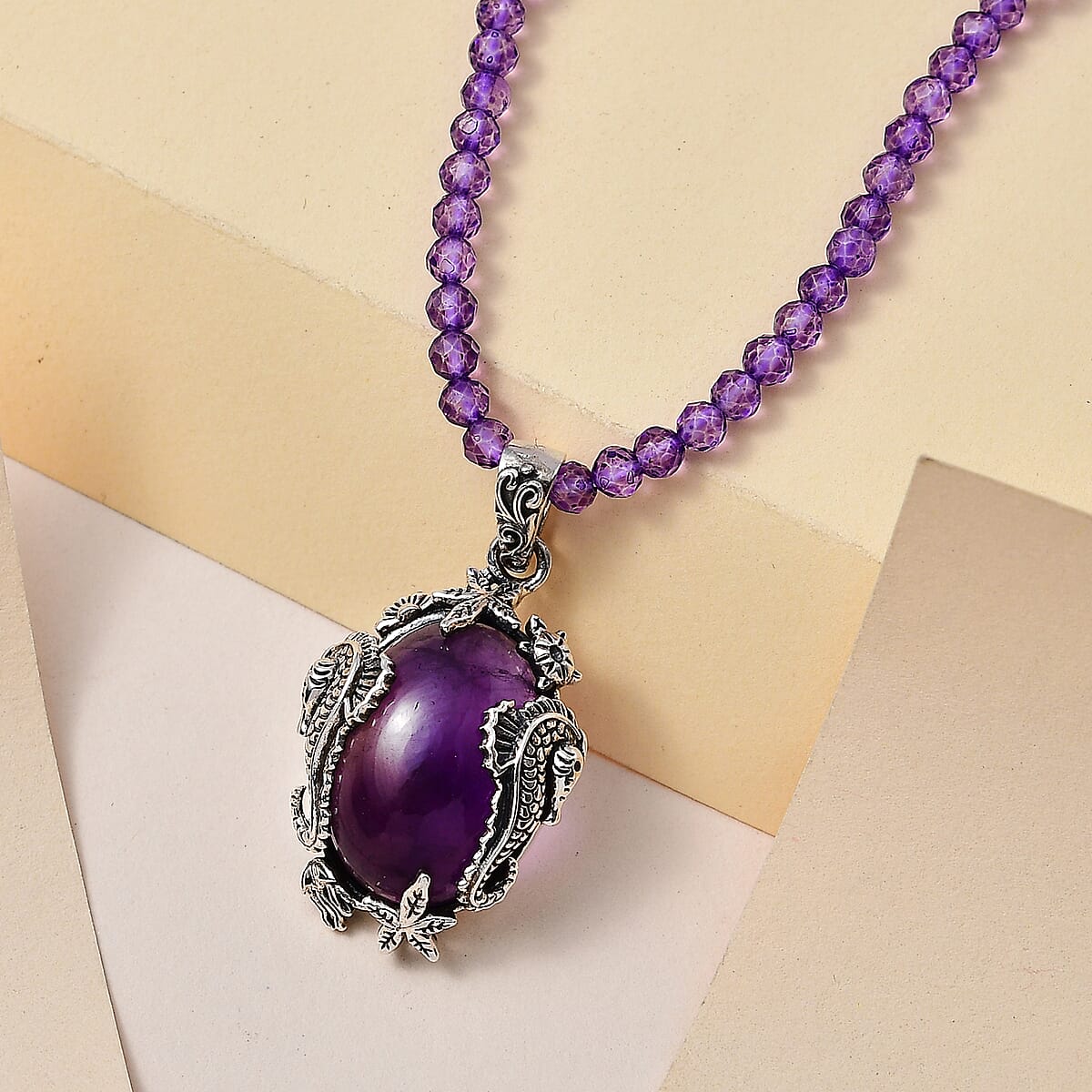 Artisan Crafted African Amethyst Pendant with Beaded Necklace 20 Inches in Sterling Silver 93.25 ctw image number 1