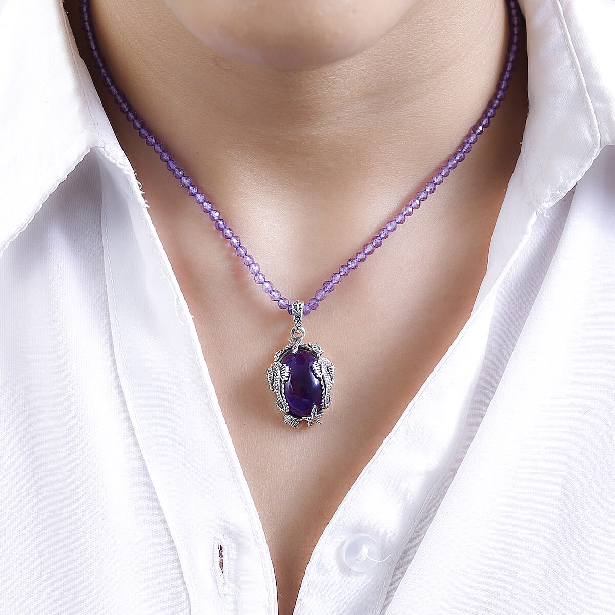 Artisan Crafted African Amethyst Pendant with Beaded Necklace 20 Inches in Sterling Silver 93.25 ctw image number 2