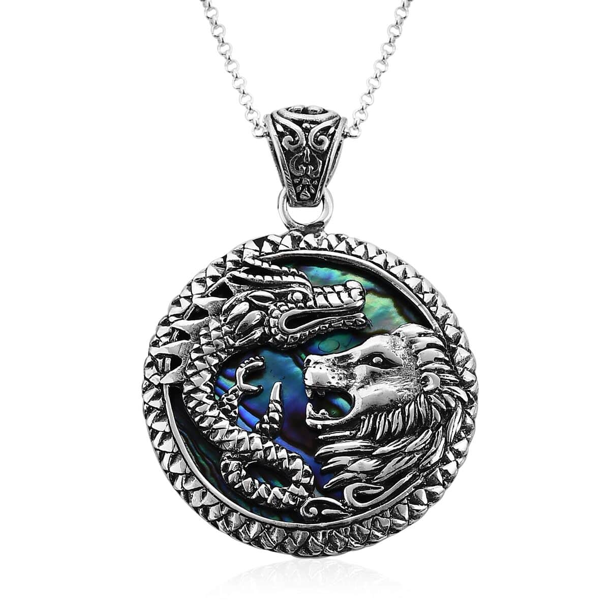 Bali Legacy Abalone Shell Lion and Dragon Pendant Necklace 18 Inches in Sterling Silver image number 0