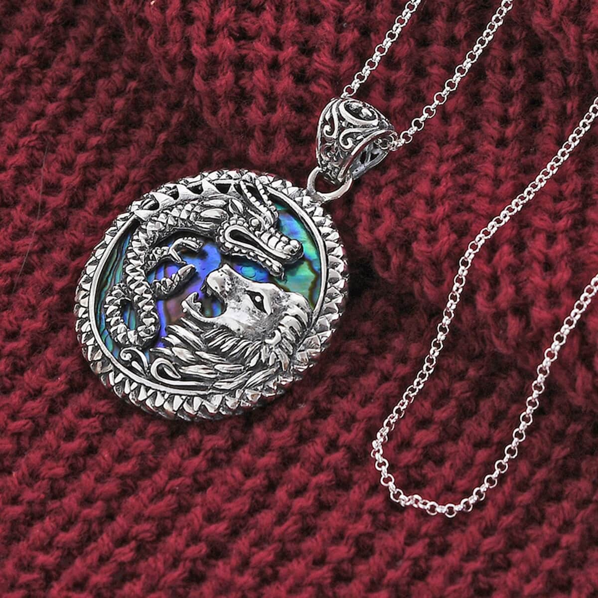 Bali Legacy Abalone Shell Lion and Dragon Pendant Necklace 18 Inches in Sterling Silver image number 1