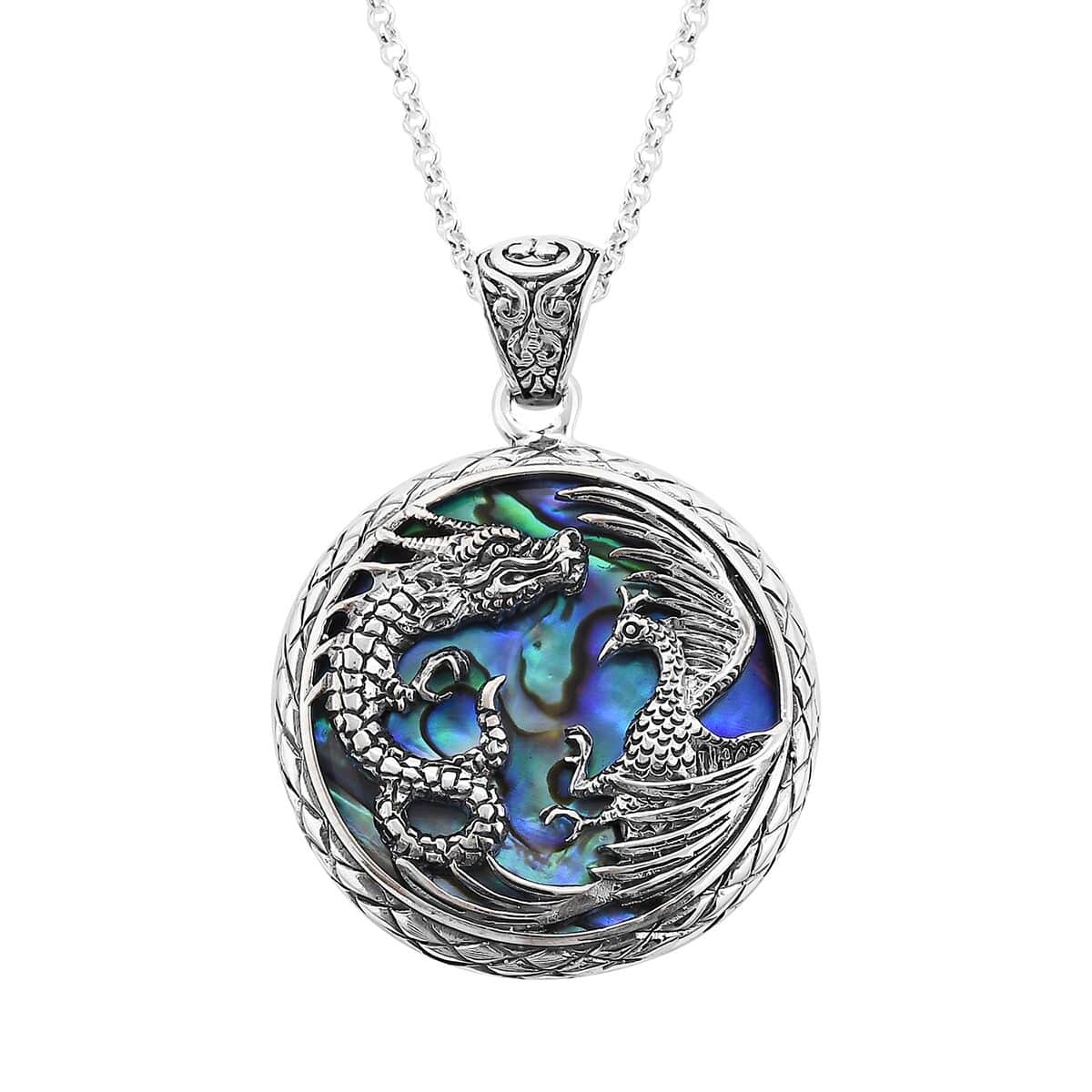 Bali Legacy Abalone Shell Phoenix and Dragon Pendant Necklace 18 Inches in Sterling Silver image number 0