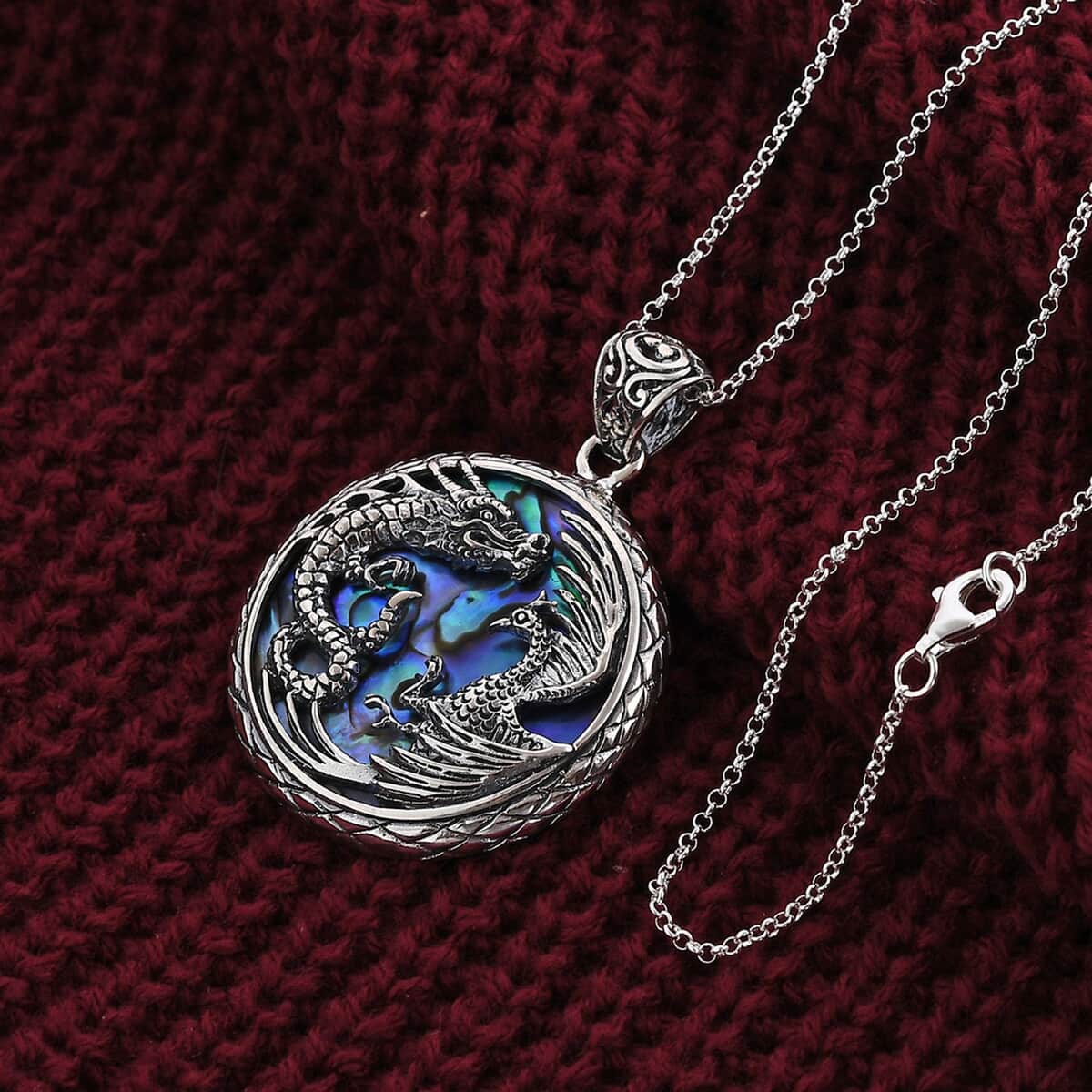 Bali Legacy Abalone Shell Phoenix and Dragon Pendant Necklace 18 Inches in Sterling Silver image number 1