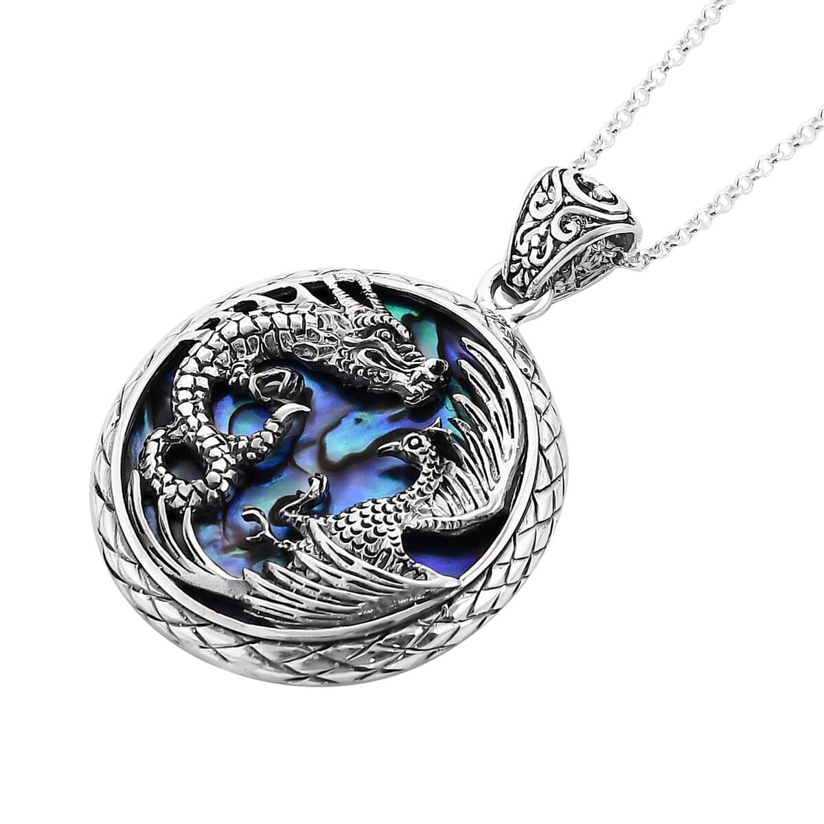 Bali Legacy Abalone Shell Phoenix and Dragon Pendant Necklace 18 Inches in Sterling Silver image number 3