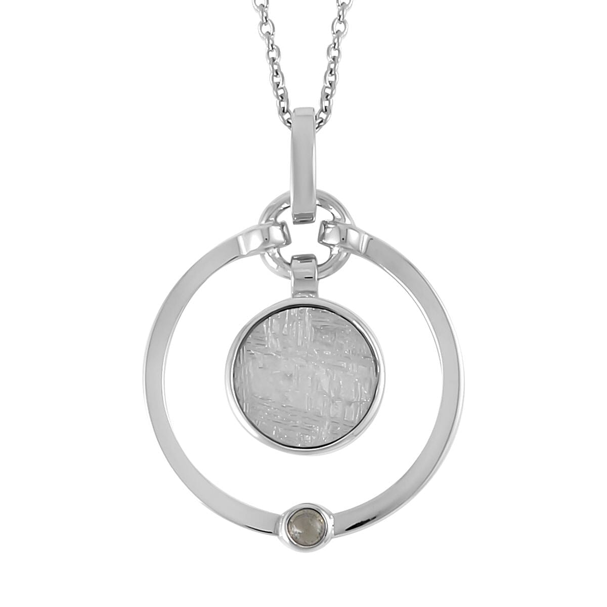 Marvelous Meteorite and Bohemian Moldavite Open Circle Pendant in Rhodium Over Sterling Silver with Stainless Steel Necklace 20 Inches 0.30 ctw