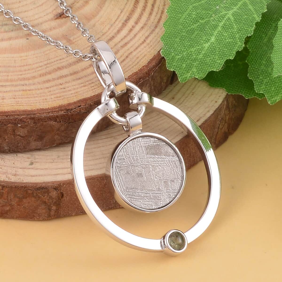Marvelous Meteorite and Bohemian Moldavite Open Circle Pendant in Rhodium Over Sterling Silver with Stainless Steel Necklace 20 Inches 0.30 ctw image number 1