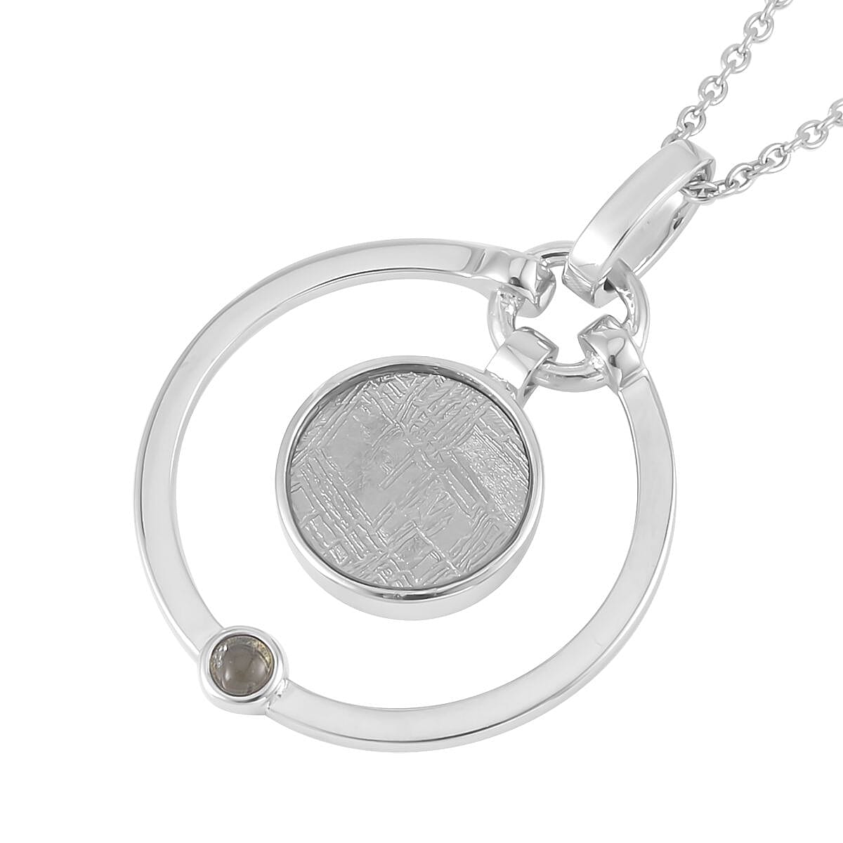 Marvelous Meteorite and Bohemian Moldavite Open Circle Pendant in Rhodium Over Sterling Silver with Stainless Steel Necklace 20 Inches 0.30 ctw
