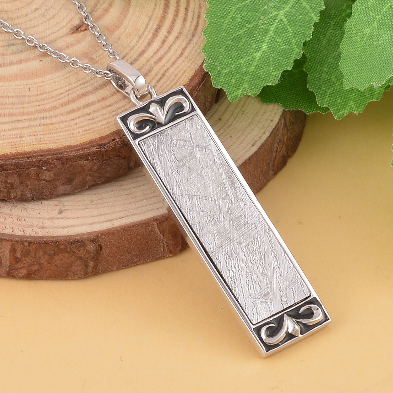 Marvelous Meteorite, Black Enameled Pendant in Rhodium Over Sterling Silver with Stainless Steel Necklace 20 Inches