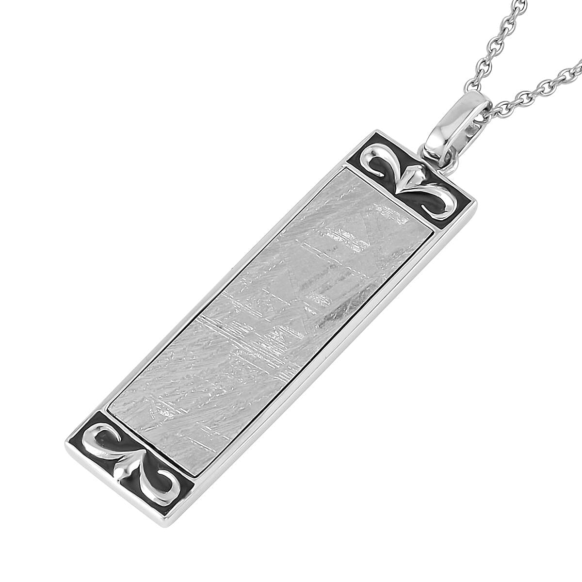 Marvelous Meteorite, Black Enameled Pendant in Rhodium Over Sterling Silver with Stainless Steel Necklace 20 Inches