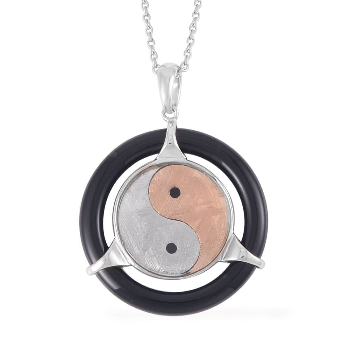 Marvelous Meteorite and Black Agate Yin and Yang Circle Pendant in Sterling Silver with Stainless Steel Necklace 20 Inches 10.00 ctw image number 0