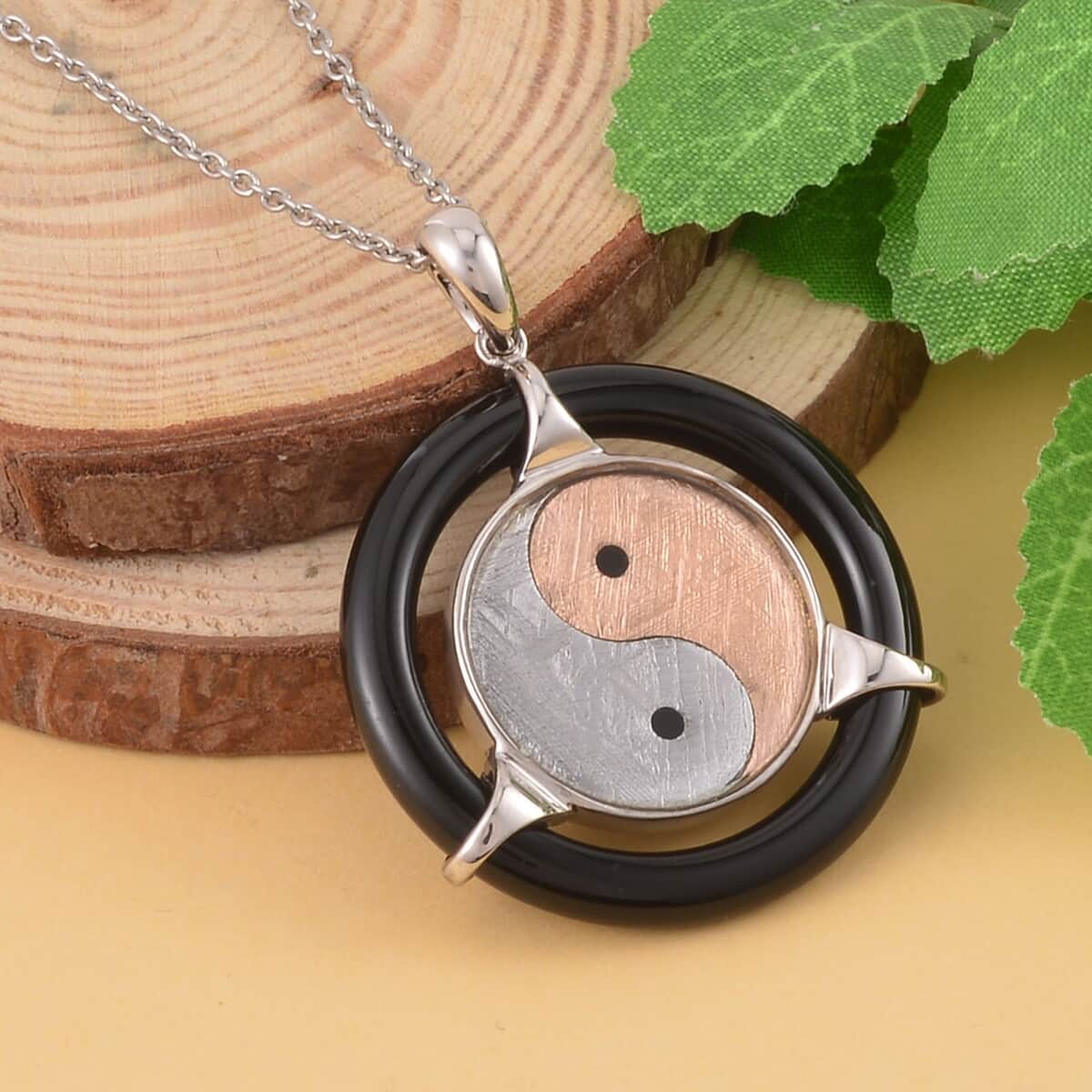 Marvelous Meteorite and Black Agate Yin and Yang Circle Pendant in Sterling Silver with Stainless Steel Necklace 20 Inches 10.00 ctw image number 1