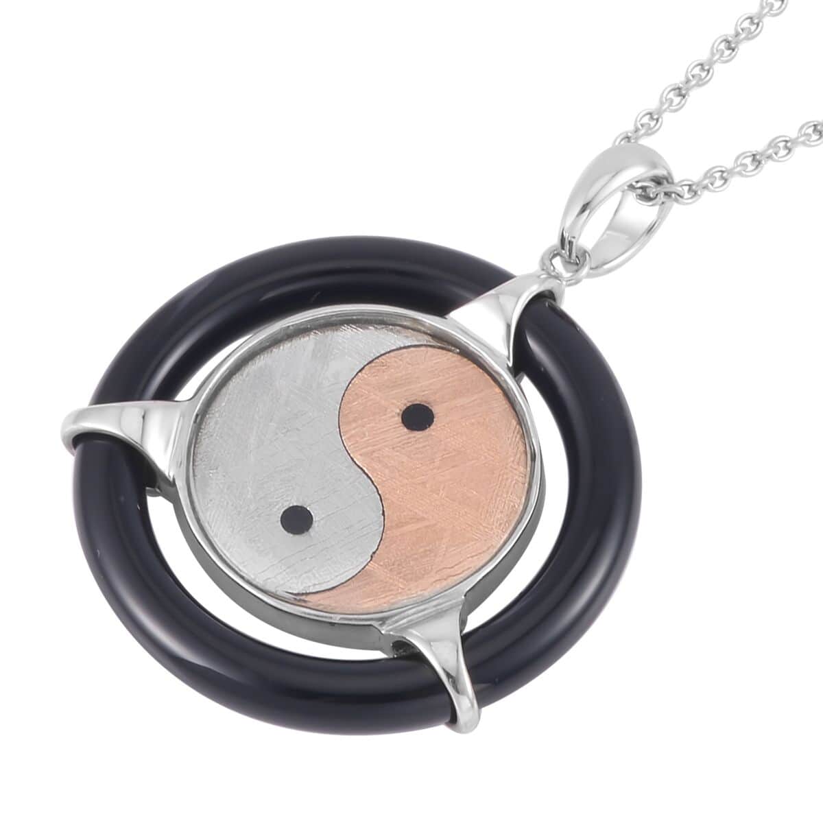 Marvelous Meteorite and Black Agate Yin and Yang Circle Pendant in Sterling Silver with Stainless Steel Necklace 20 Inches 10.00 ctw image number 3