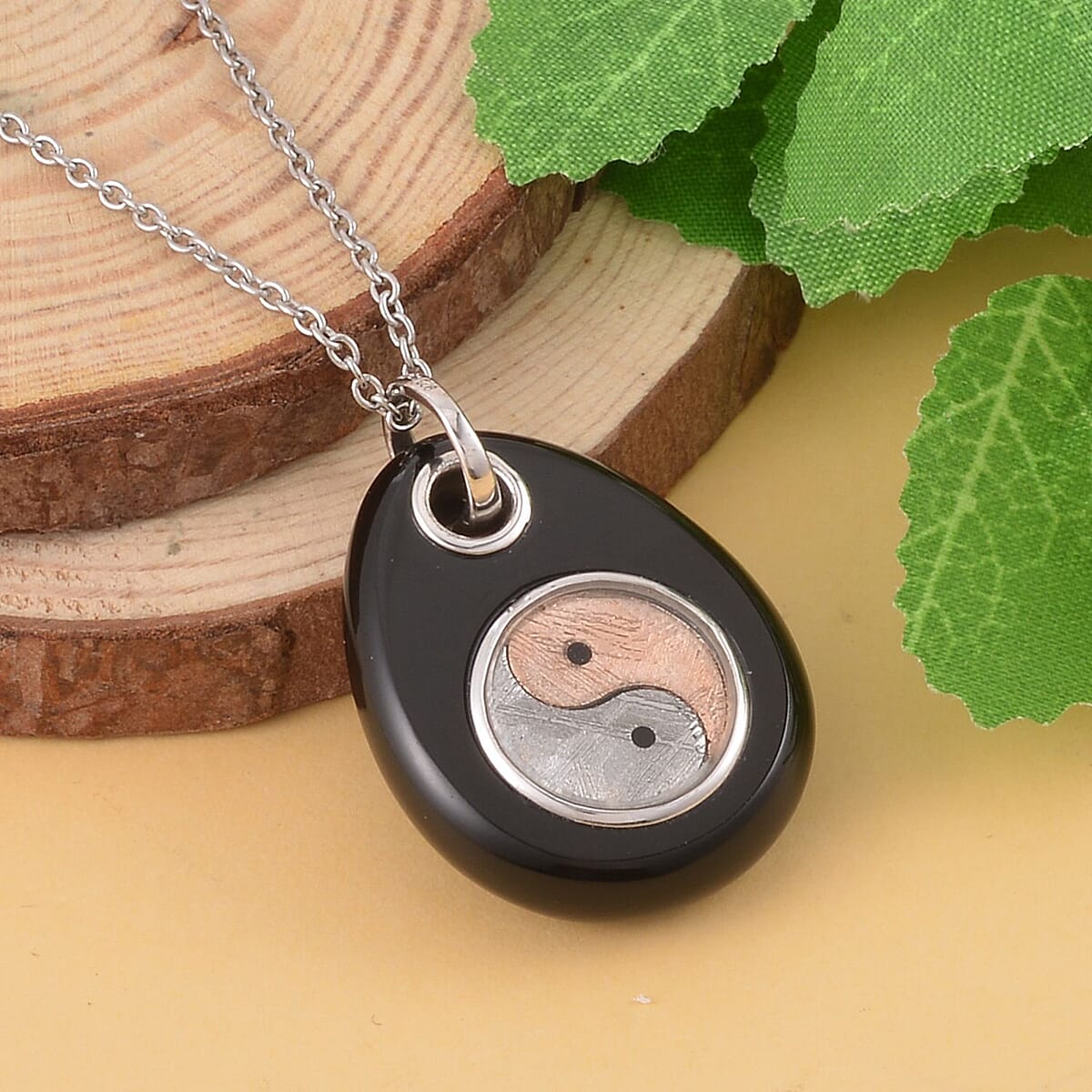 Marvelous Meteorite and Black Agate Yin and Yang Pear Pendant in Sterling Silver with Stainless Steel Necklace 20 Inches 25.00 ctw image number 1