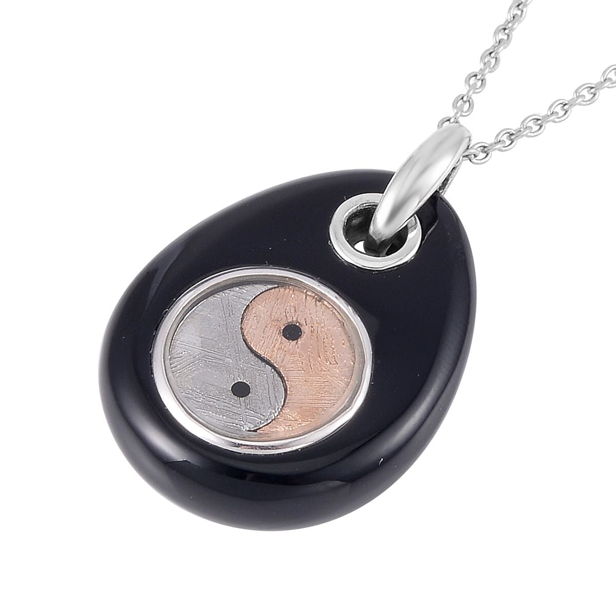 Marvelous Meteorite and Black Agate Yin and Yang Pear Pendant in Sterling Silver with Stainless Steel Necklace 20 Inches 25.00 ctw image number 3