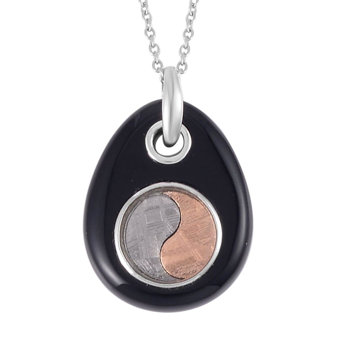 Marvelous Meteorite and Black Agate Yin and Yang Pear Pendant in Sterling Silver with Stainless Steel Necklace 20 Inches 25.00 ctw image number 0