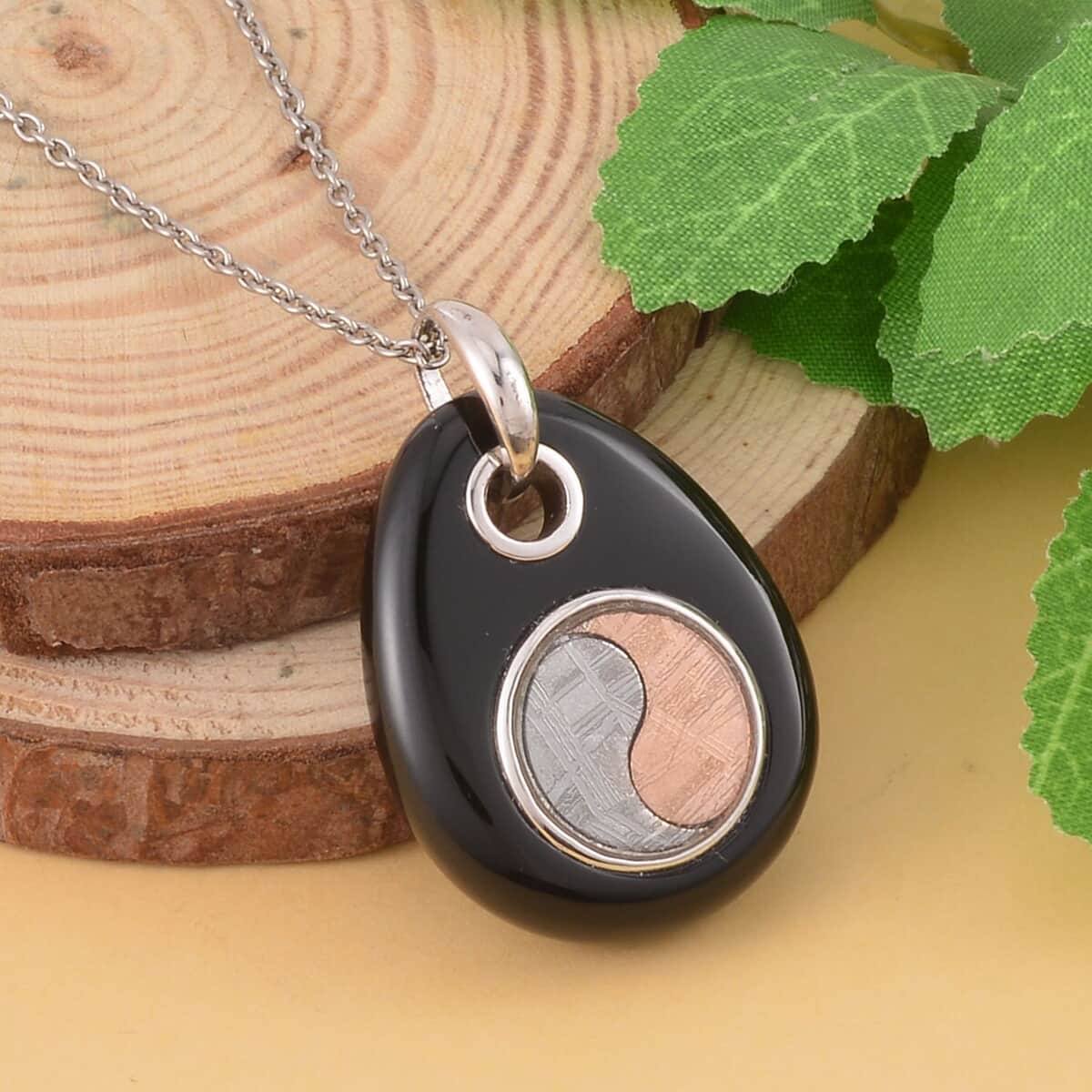 Marvelous Meteorite and Black Agate Yin and Yang Pear Pendant in Sterling Silver with Stainless Steel Necklace 20 Inches 25.00 ctw image number 1