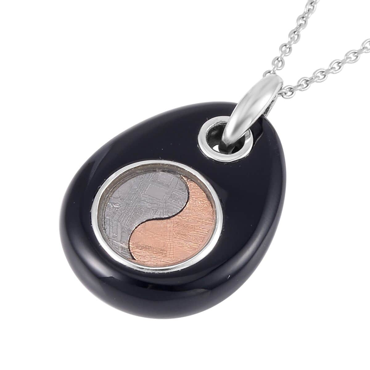 Marvelous Meteorite and Black Agate Yin and Yang Pear Pendant in Sterling Silver with Stainless Steel Necklace 20 Inches 25.00 ctw image number 3