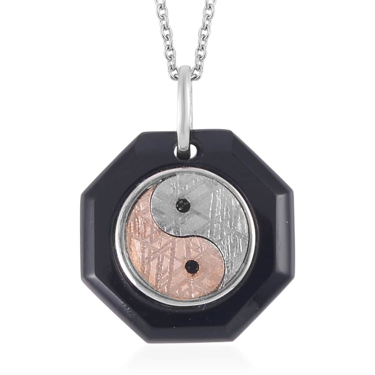 Marvelous Meteorite and Black Agate Yin and Yang Octagon Pendant in Sterling Silver with Stainless Steel Necklace 20 Inches 28.00 ctw image number 0