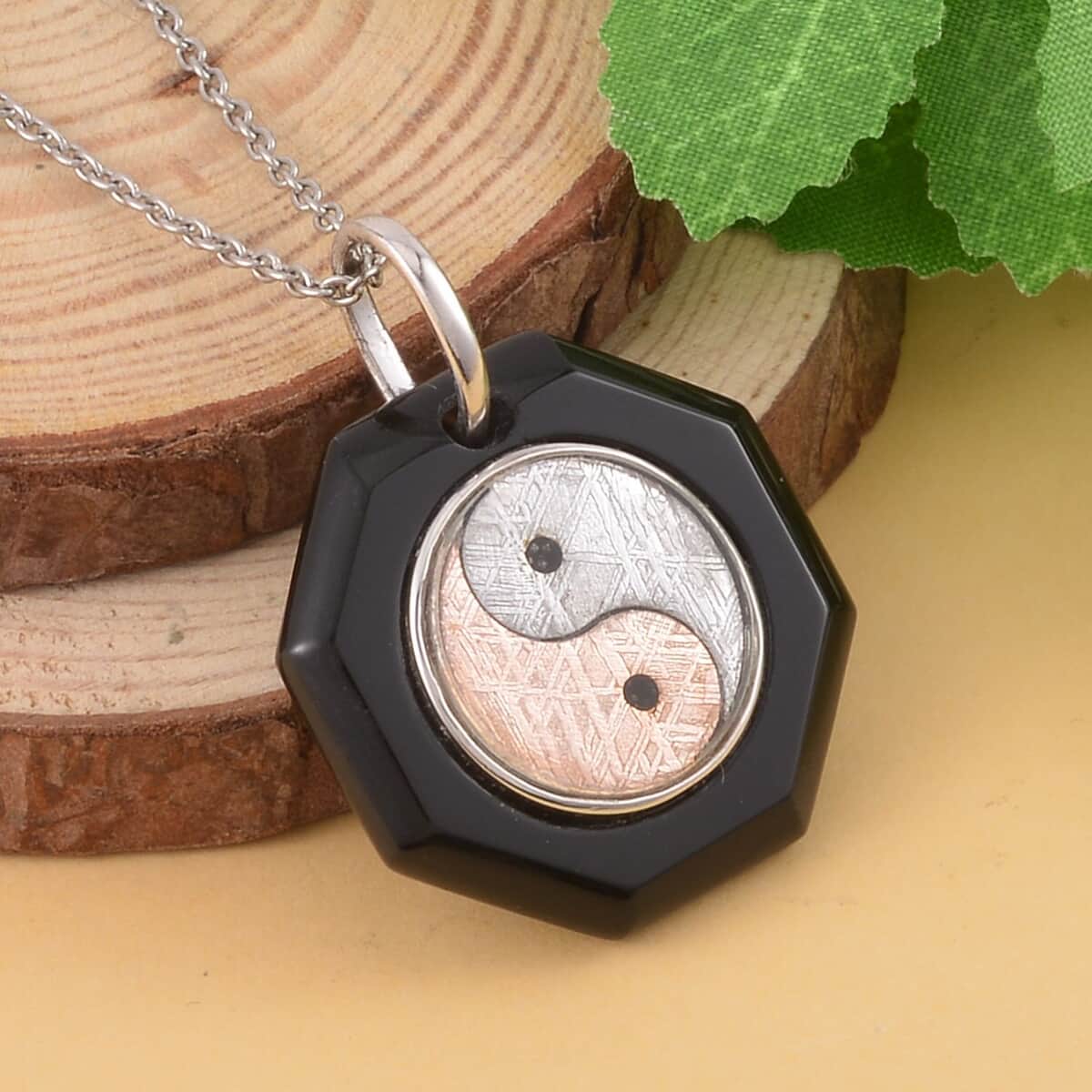 Marvelous Meteorite and Black Agate Yin and Yang Octagon Pendant in Sterling Silver with Stainless Steel Necklace 20 Inches 28.00 ctw image number 1